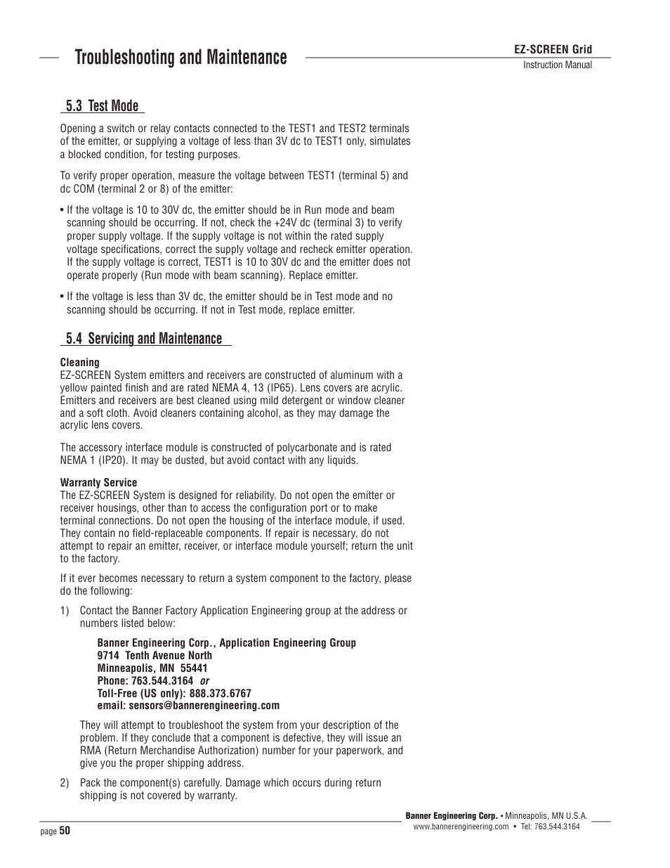 Troubleshooting and maintenance, 3 test mode, 4 servicing and maintenance | Banner EZ-SCREEN­ Safety Light Curtain Systems User Manual | Page 50 / 64