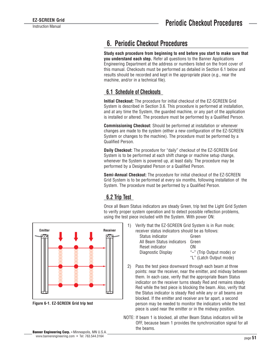 Periodic checkout procedures, 1 schedule of checkouts, 2 trip test | Banner EZ-SCREEN­ Safety Light Curtain Systems User Manual | Page 51 / 64