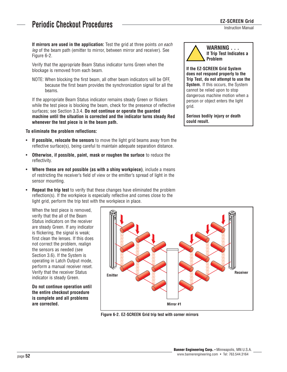 Periodic checkout procedures, Warning | Banner EZ-SCREEN­ Safety Light Curtain Systems User Manual | Page 52 / 64