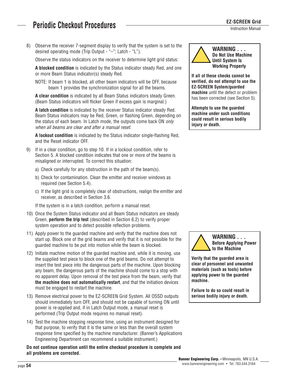 Periodic checkout procedures | Banner EZ-SCREEN­ Safety Light Curtain Systems User Manual | Page 54 / 64