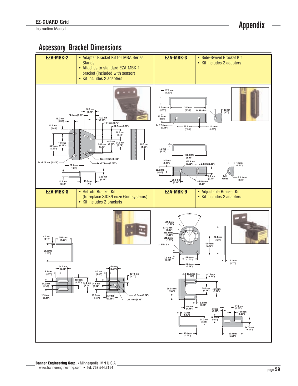 Appendix, Accessory bracket dimensions, Ez-guard grid | Eza-mbk-2, Eza-mbk-3, Eza-mbk-8, Eza-mbk-9, Instruction manual, Side-swivel bracket kit • kit includes 2 adapters, Adjustable bracket kit • kit includes 2 adapters | Banner EZ-SCREEN­ Safety Light Curtain Systems User Manual | Page 59 / 64