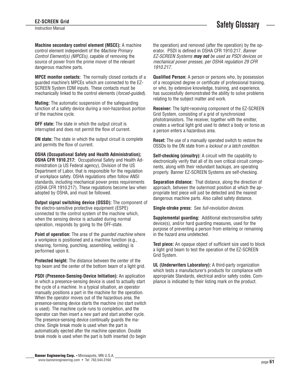 Safety glossary | Banner EZ-SCREEN­ Safety Light Curtain Systems User Manual | Page 61 / 64