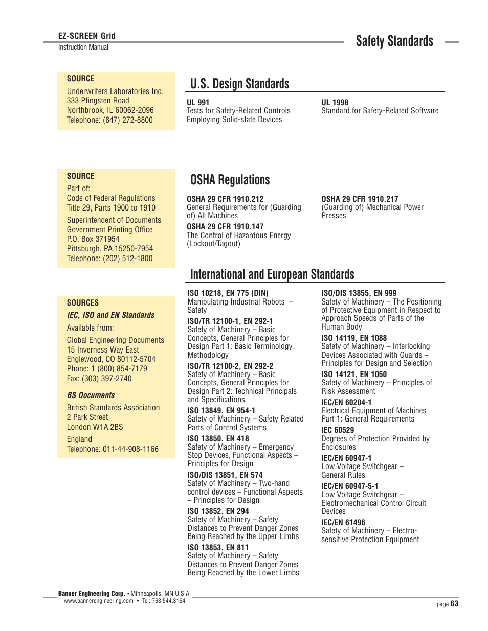 Safety standards, U.s. design standards, Osha regulations | International and european standards | Banner EZ-SCREEN­ Safety Light Curtain Systems User Manual | Page 63 / 64