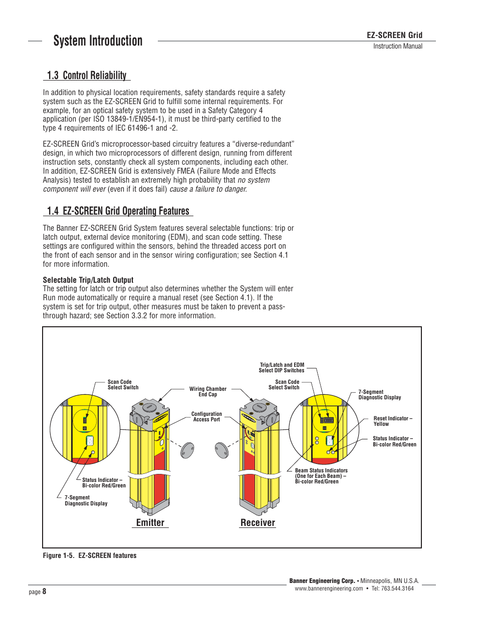 System introduction, 3 control reliability, 4 ez-screen grid operating features | Receiver emitter, Ez-screen grid | Banner EZ-SCREEN­ Safety Light Curtain Systems User Manual | Page 8 / 64