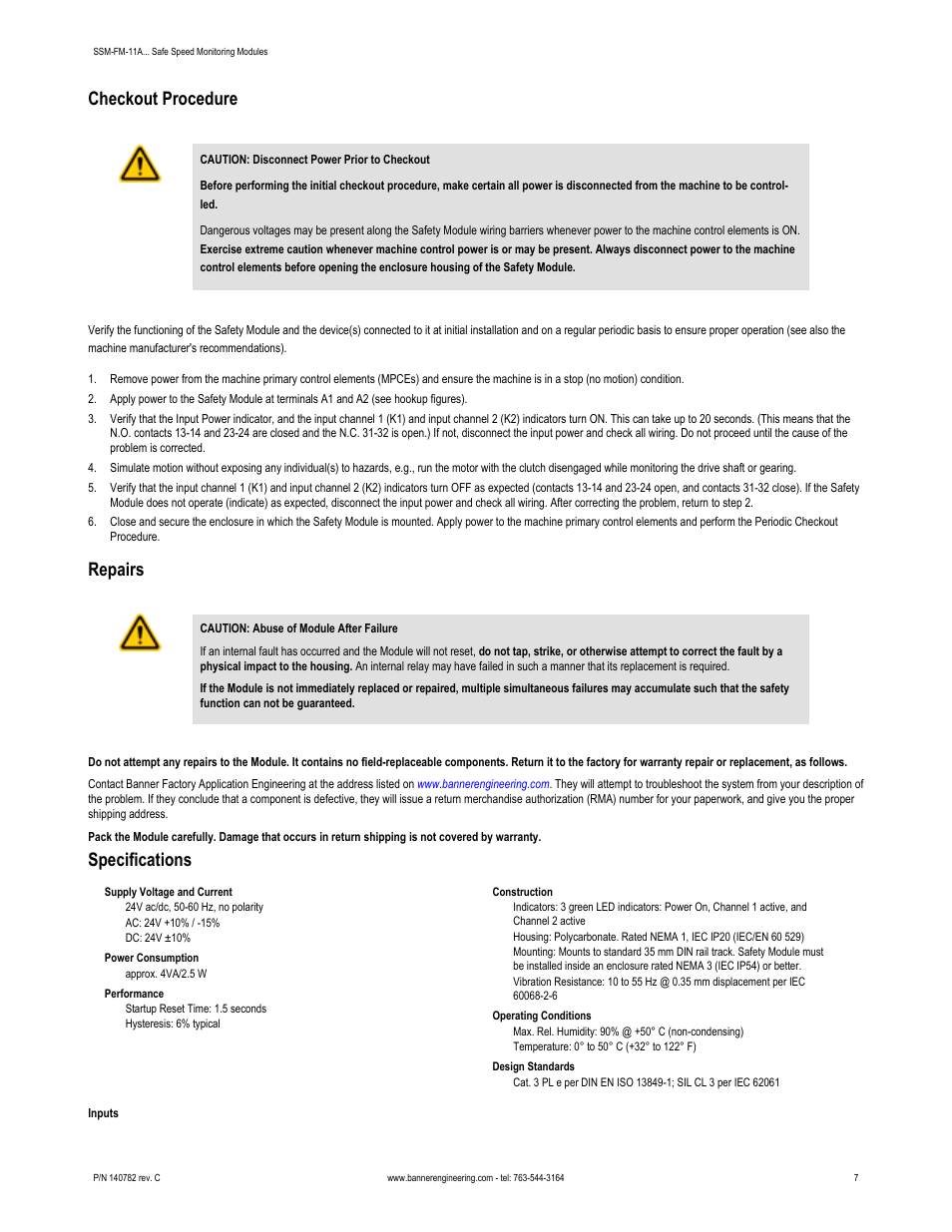 Checkout procedure, Repairs, Specifications | Banner Safe Speed Monitoring Modules User Manual | Page 7 / 8