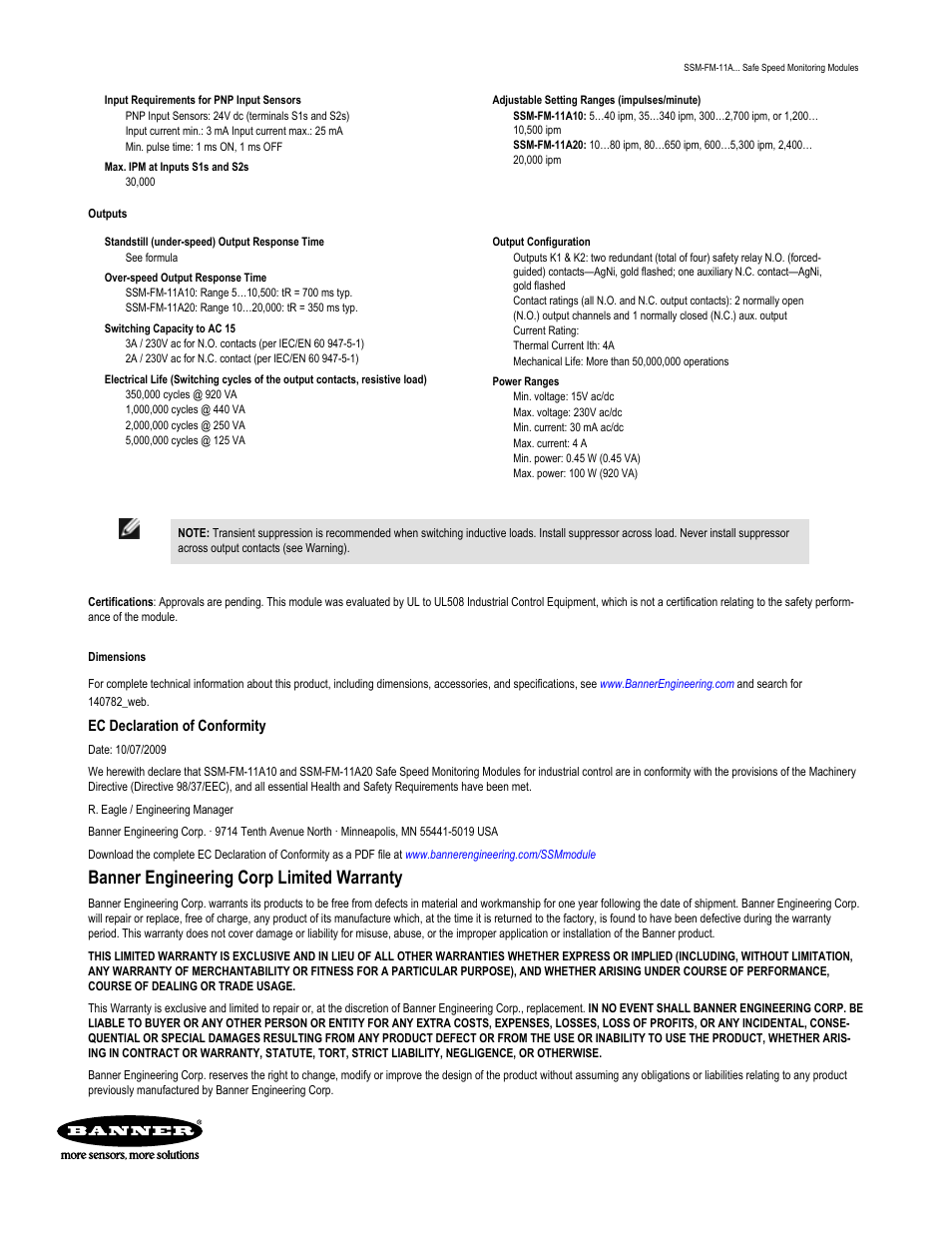 Banner engineering corp limited warranty, Ec declaration of conformity | Banner Safe Speed Monitoring Modules User Manual | Page 8 / 8