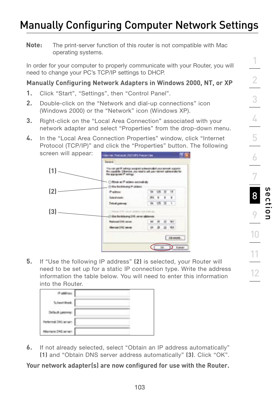 8 manually configuring computer network settings, Manually configuring computer network settings, Se ct io n | Belkin F5D7230AU4P User Manual | Page 105 / 136