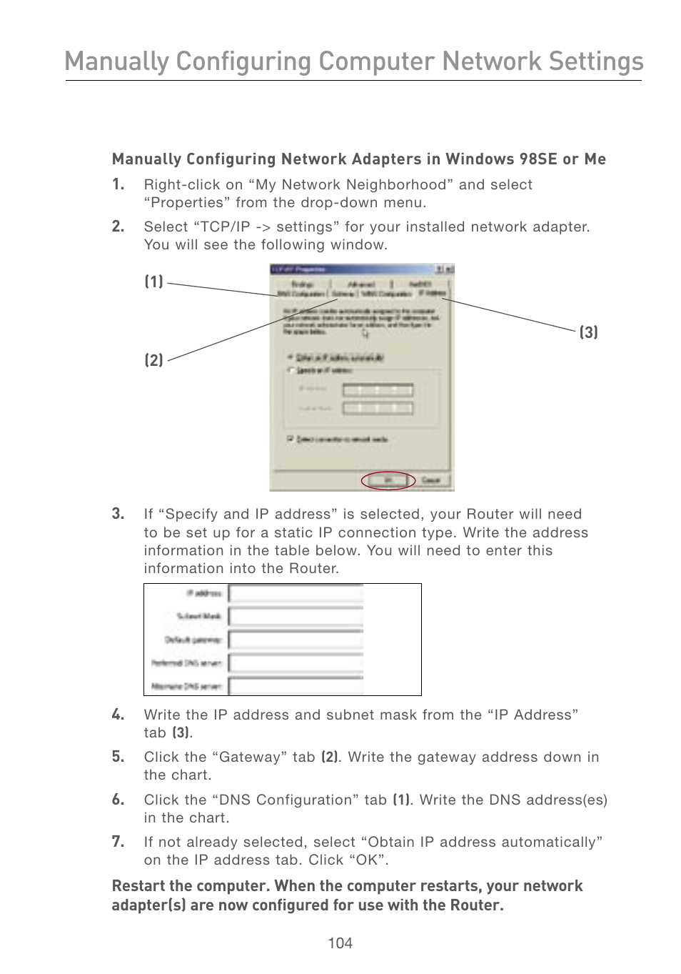 Manually configuring computer network settings | Belkin F5D7230AU4P User Manual | Page 106 / 136