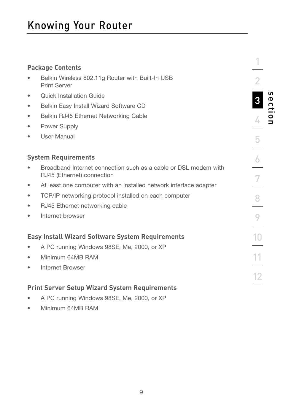 3 knowing your router, Knowing your router, Se ct io n | Belkin F5D7230AU4P User Manual | Page 11 / 136