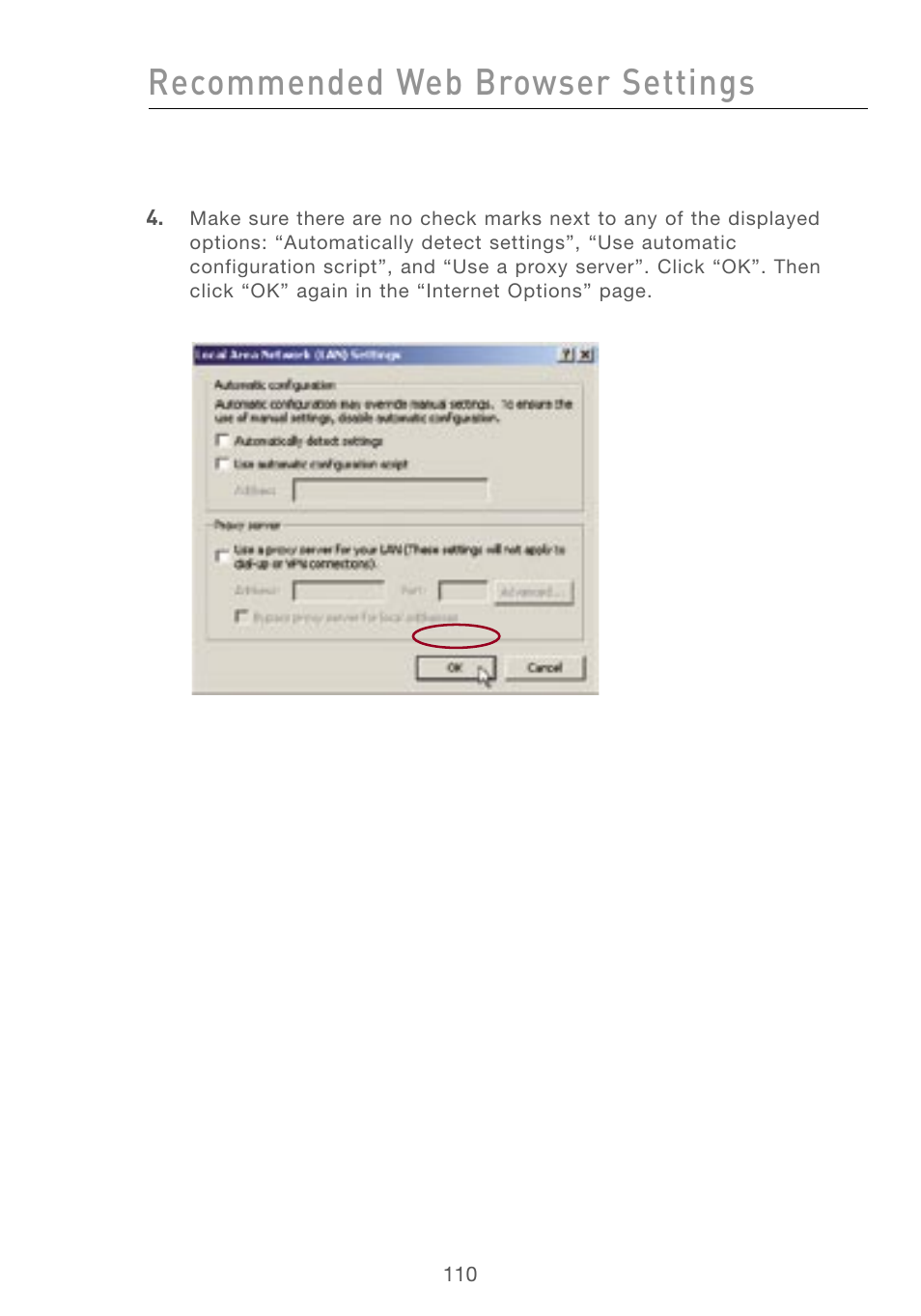 Recommended web browser settings | Belkin F5D7230AU4P User Manual | Page 112 / 136