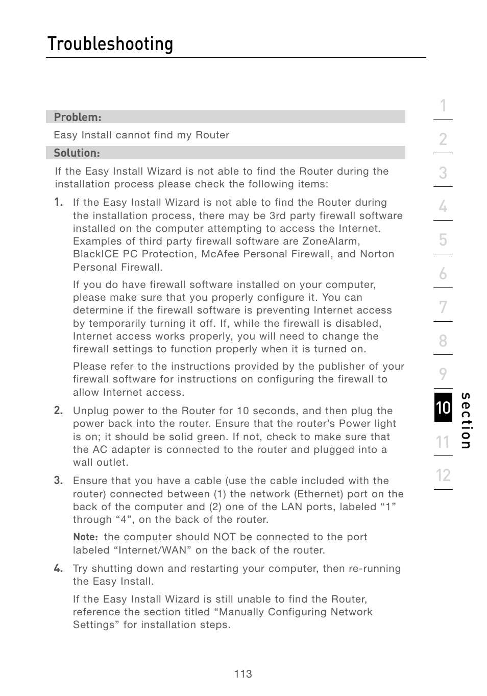 Troubleshooting, Se ct io n | Belkin F5D7230AU4P User Manual | Page 115 / 136