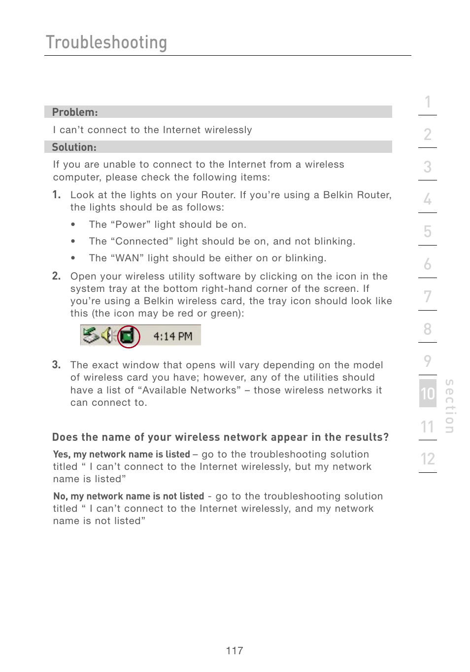 Troubleshooting, Se ct io n | Belkin F5D7230AU4P User Manual | Page 119 / 136