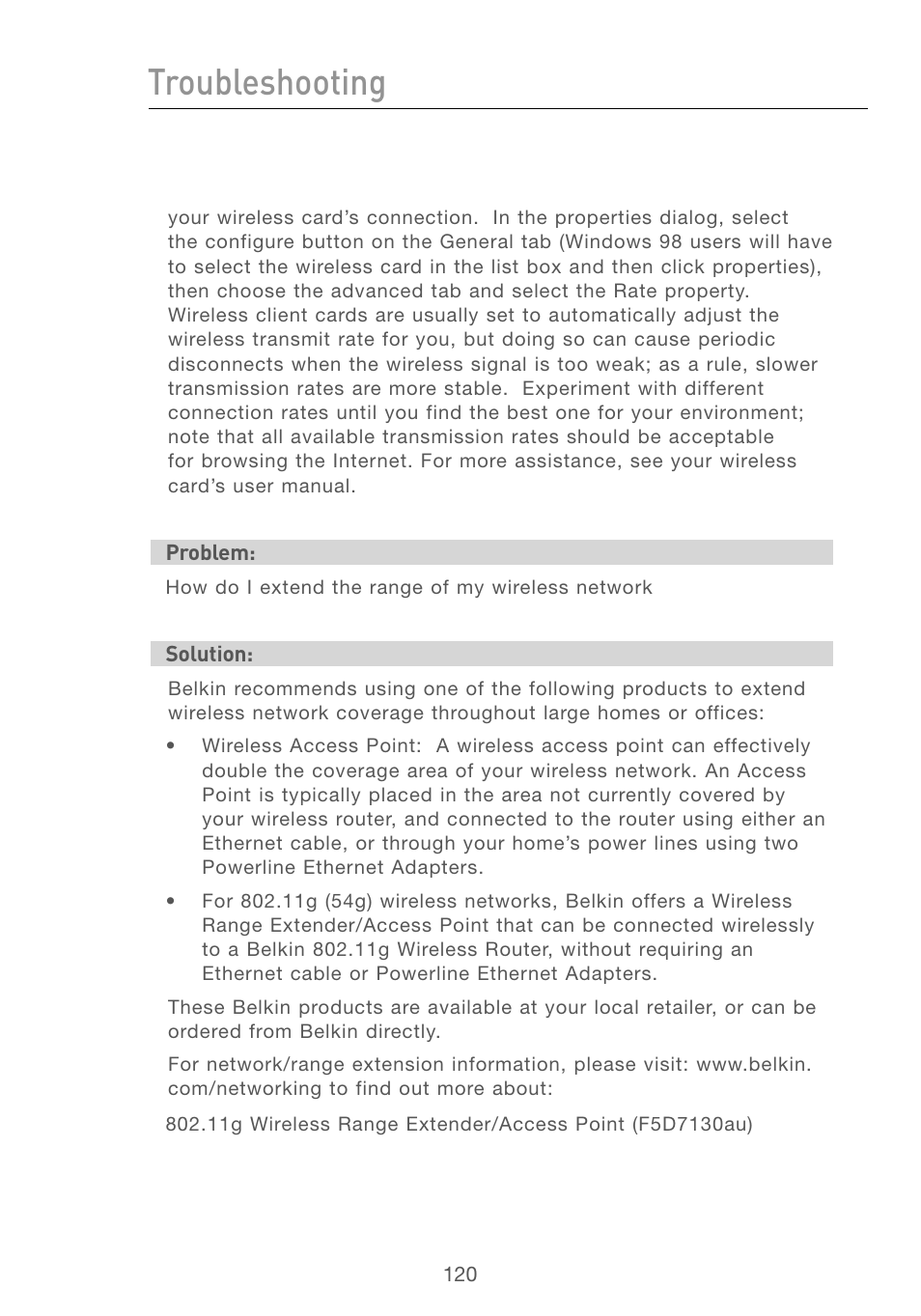 Troubleshooting | Belkin F5D7230AU4P User Manual | Page 122 / 136