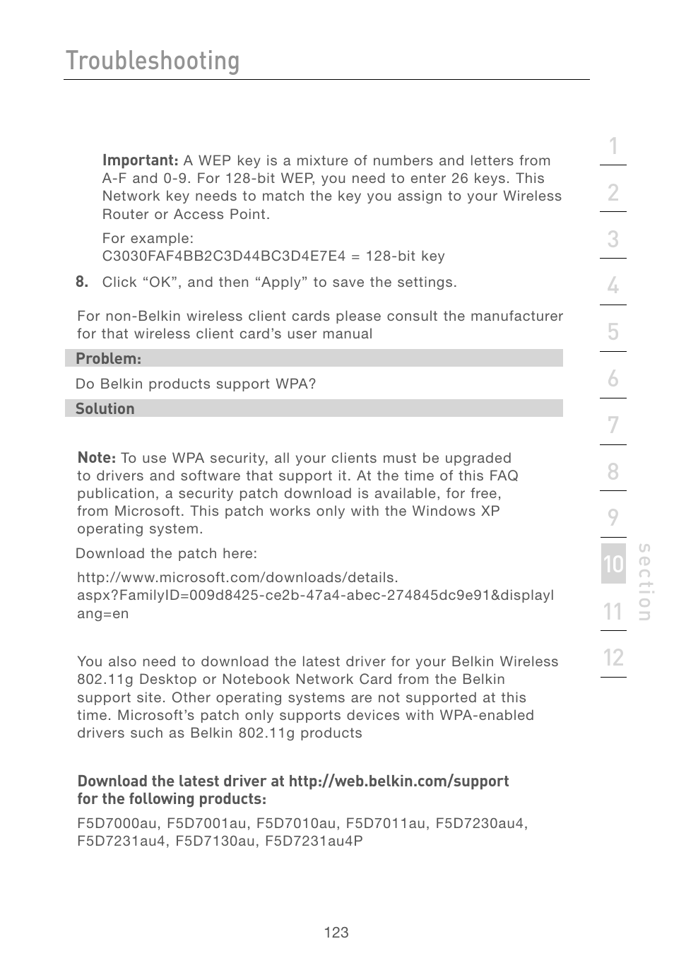 Troubleshooting, Se ct io n | Belkin F5D7230AU4P User Manual | Page 125 / 136