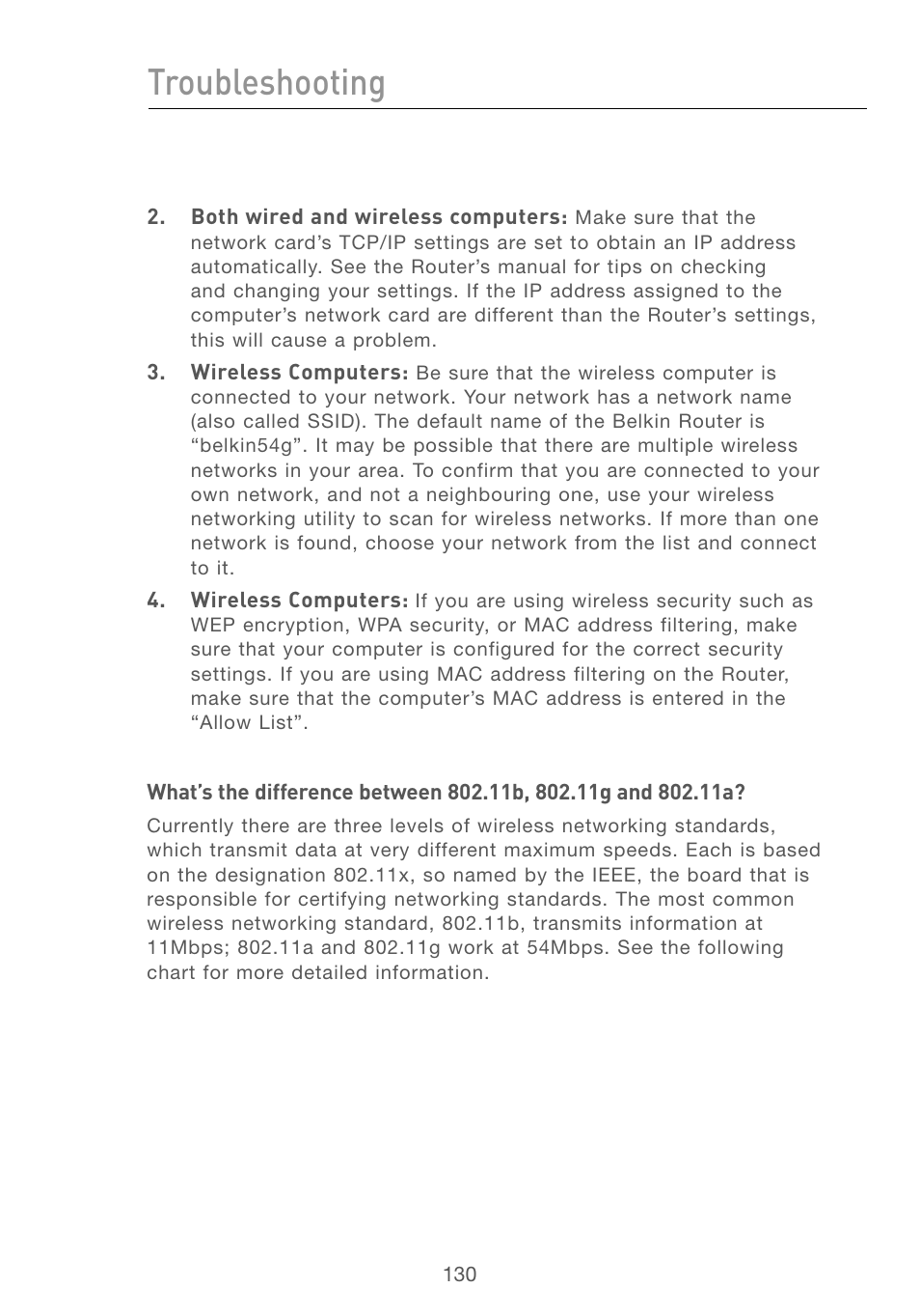 Troubleshooting | Belkin F5D7230AU4P User Manual | Page 132 / 136