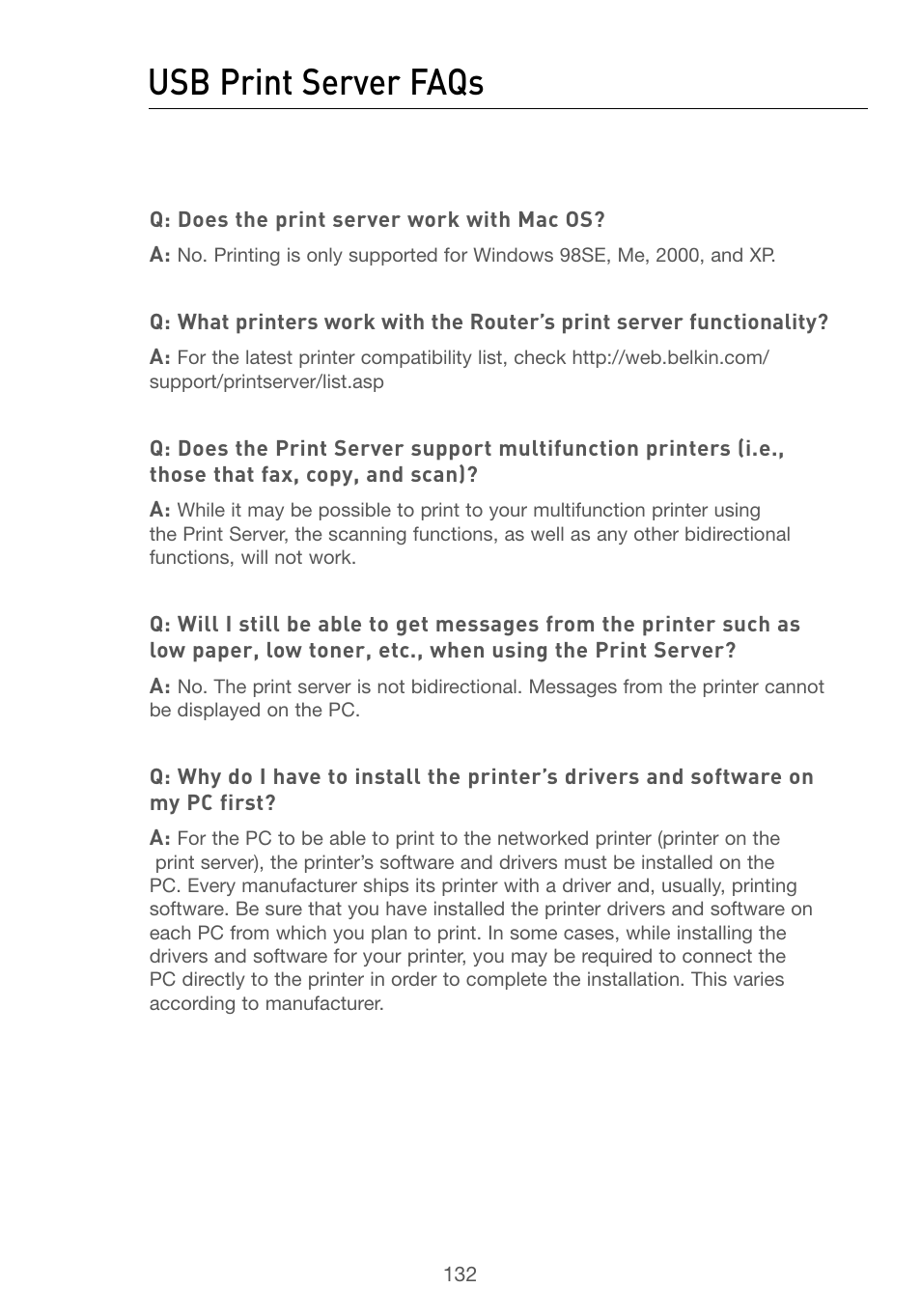 11 usb print server faqs, Usb print server faqs | Belkin F5D7230AU4P User Manual | Page 134 / 136