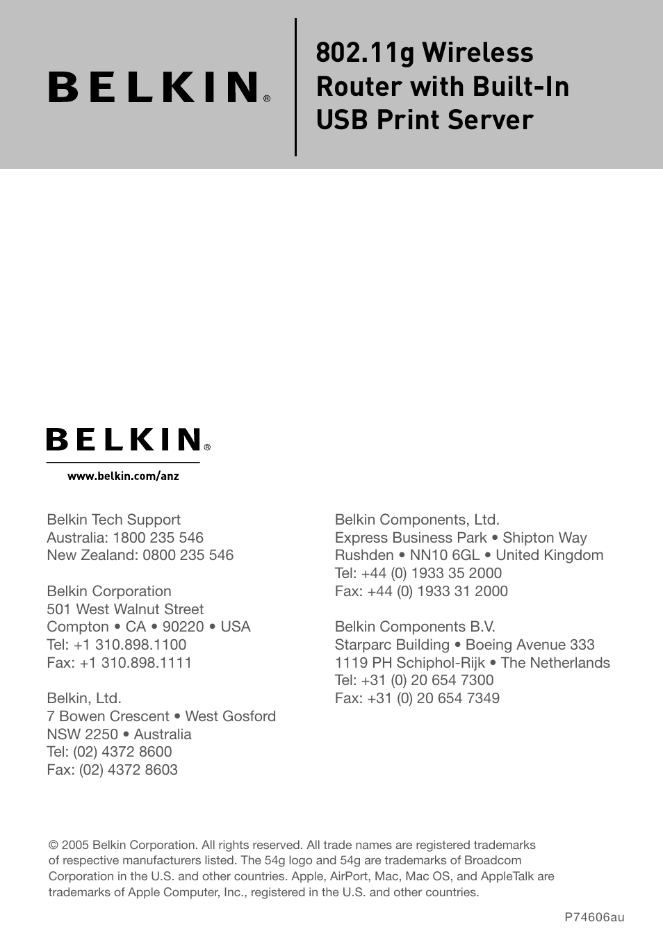 11g wireless router with built-in usb print server | Belkin F5D7230AU4P User Manual | Page 136 / 136