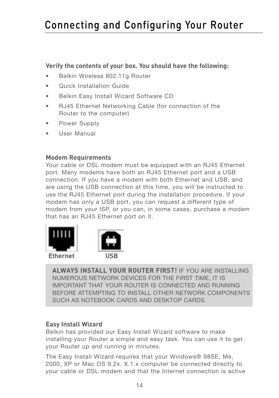 4 connecting and configuring your router, Connecting and configuring your router | Belkin F5D7230AU4P User Manual | Page 16 / 136