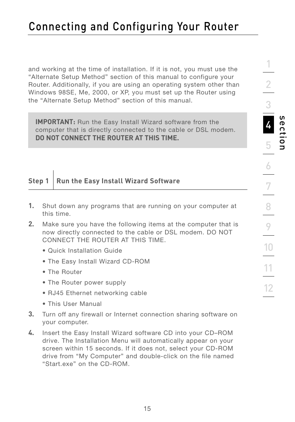 Connecting and configuring your router, Se ct io n | Belkin F5D7230AU4P User Manual | Page 17 / 136