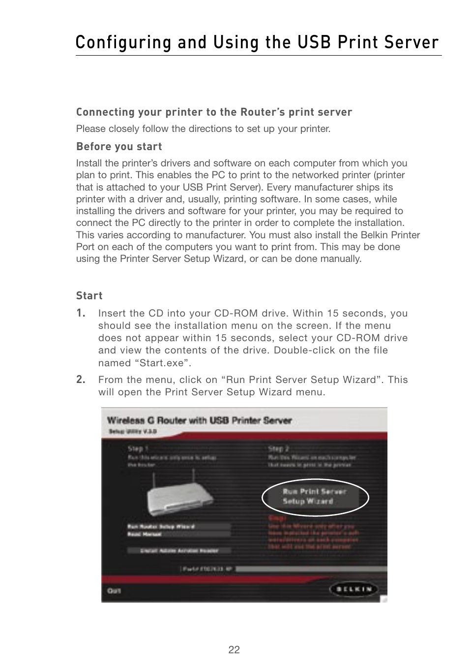 5 configuring and using the usb print server, Configuring and using the usb print server | Belkin F5D7230AU4P User Manual | Page 24 / 136