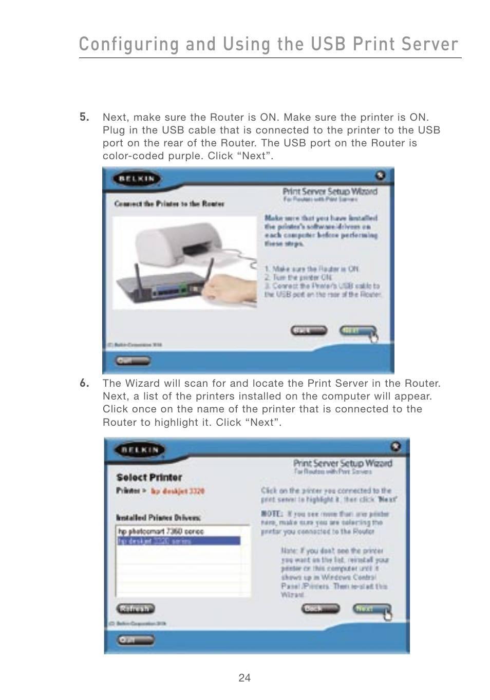 Configuring and using the usb print server | Belkin F5D7230AU4P User Manual | Page 26 / 136