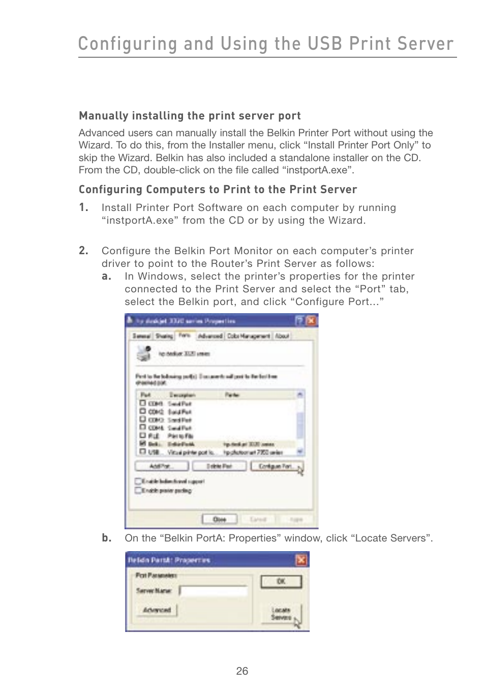 Configuring and using the usb print server | Belkin F5D7230AU4P User Manual | Page 28 / 136