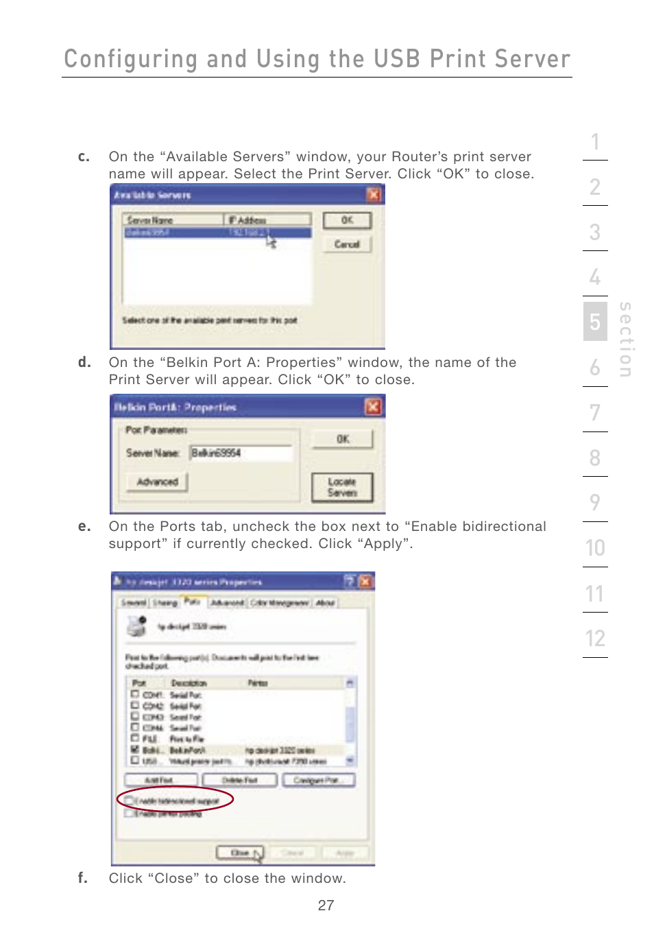 Configuring and using the usb print server, Se ct io n | Belkin F5D7230AU4P User Manual | Page 29 / 136