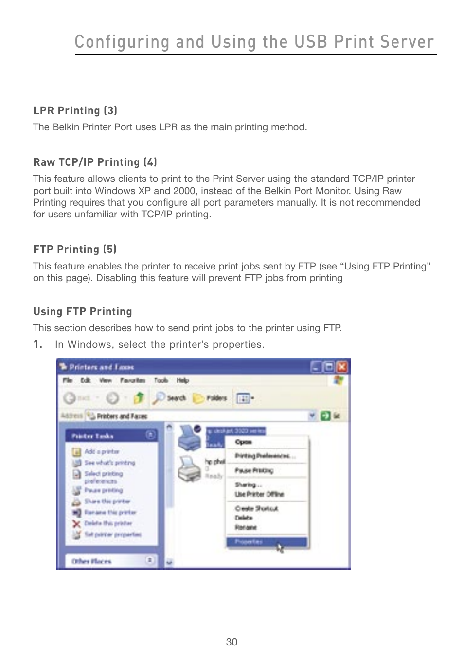 Configuring and using the usb print server | Belkin F5D7230AU4P User Manual | Page 32 / 136