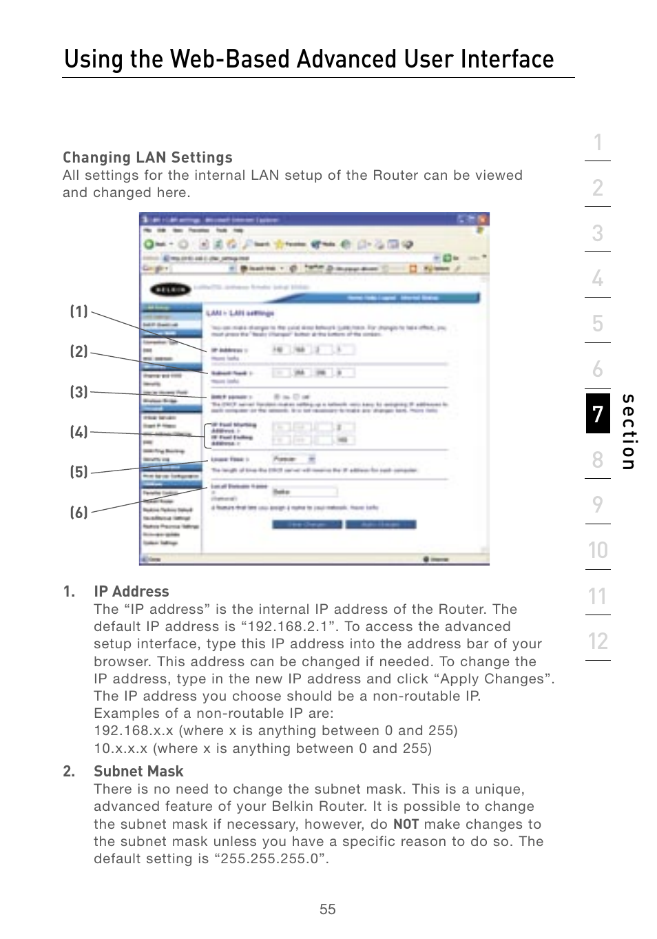 Changing lan settings, Using the web-based advanced user interface | Belkin F5D7230AU4P User Manual | Page 57 / 136