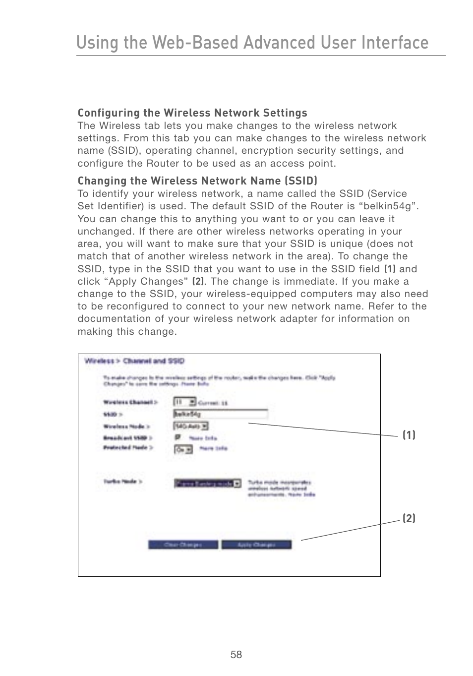 Configuring the wireless network settings, Using the web-based advanced user interface | Belkin F5D7230AU4P User Manual | Page 60 / 136