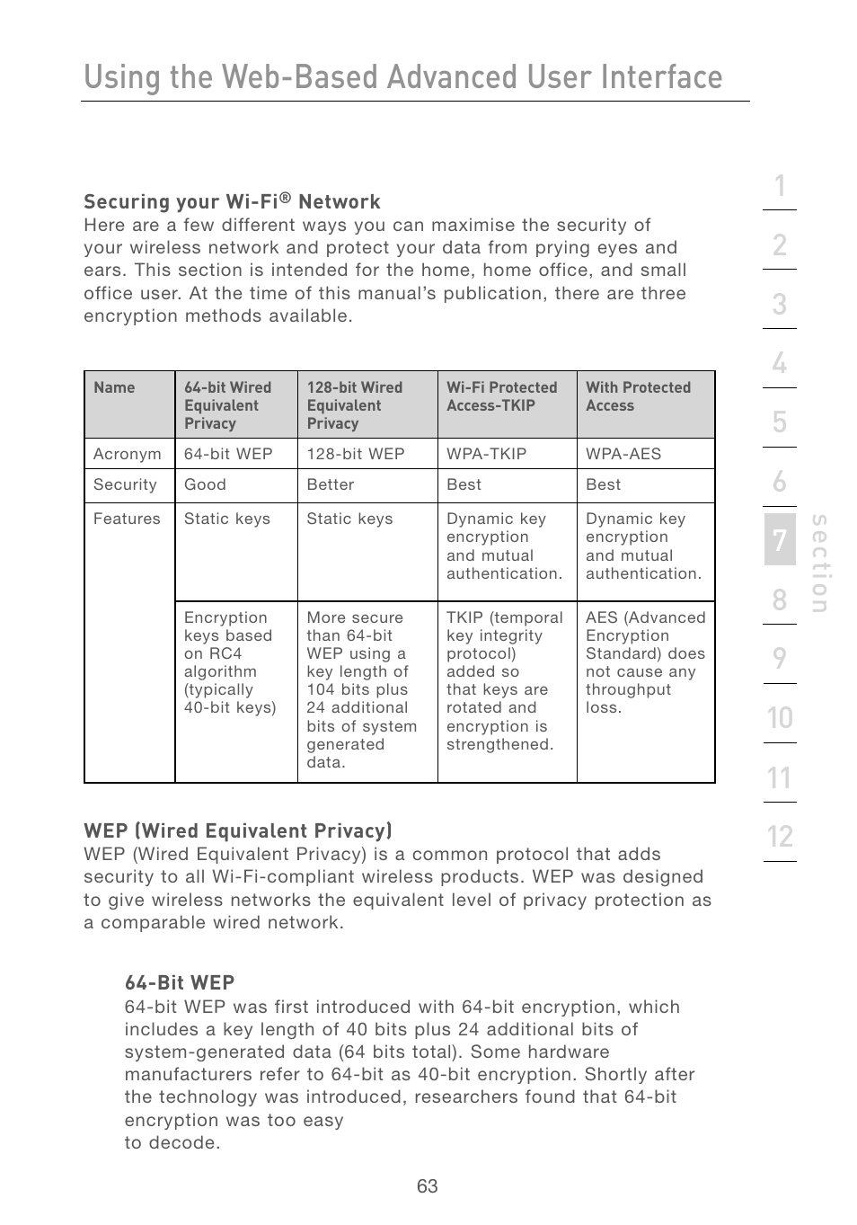 Securing your wi-fi network, Using the web-based advanced user interface, Se ct io n | Belkin F5D7230AU4P User Manual | Page 65 / 136