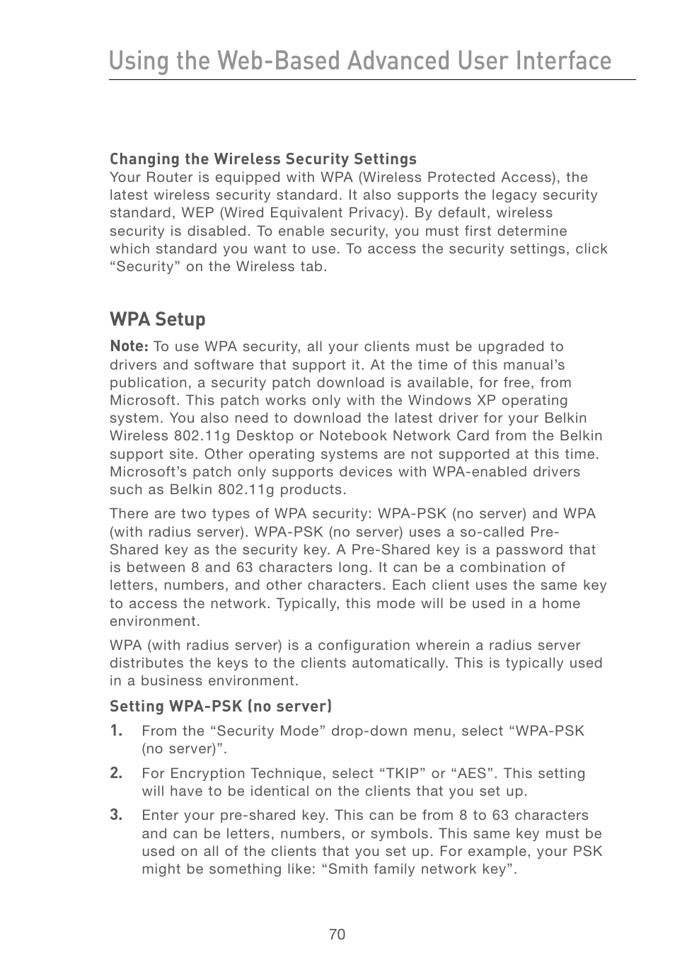 Wpa setup, Using the web-based advanced user interface | Belkin F5D7230AU4P User Manual | Page 72 / 136