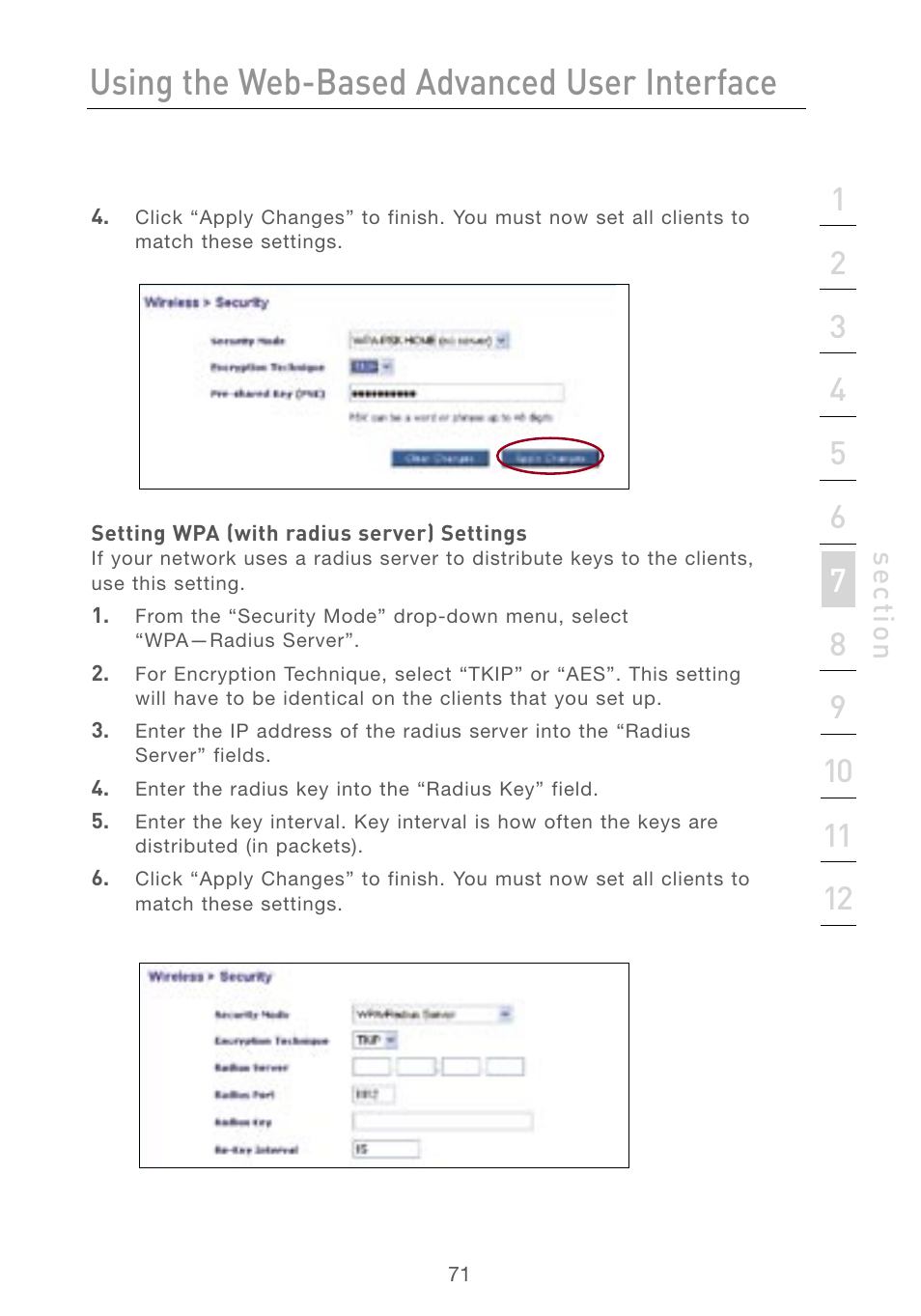 Using the web-based advanced user interface, Se ct io n | Belkin F5D7230AU4P User Manual | Page 73 / 136