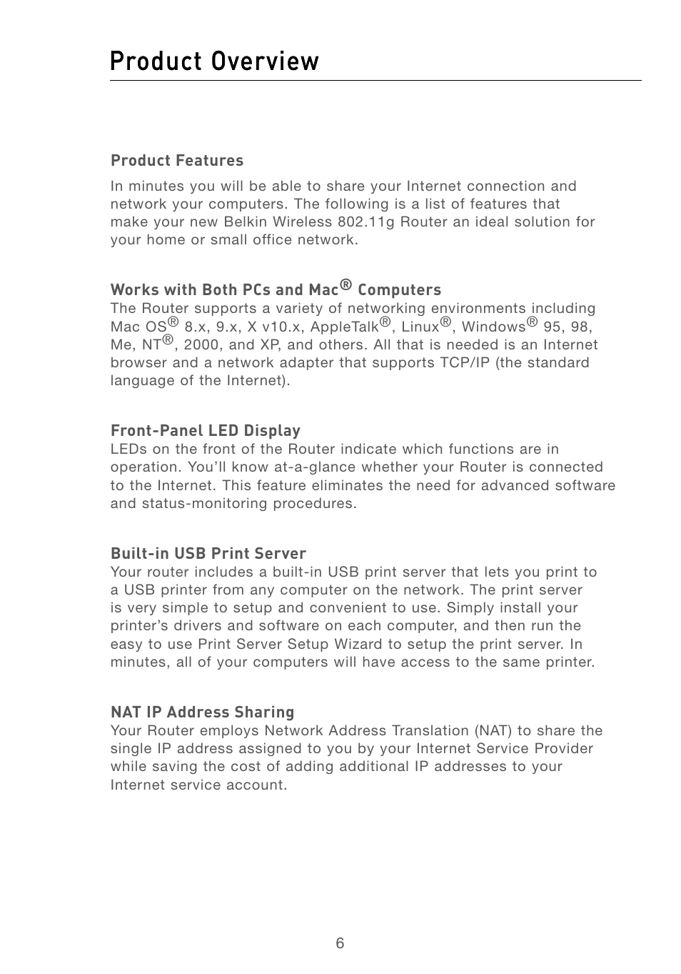 2 product overview, Product features, Product overview | Belkin F5D7230AU4P User Manual | Page 8 / 136