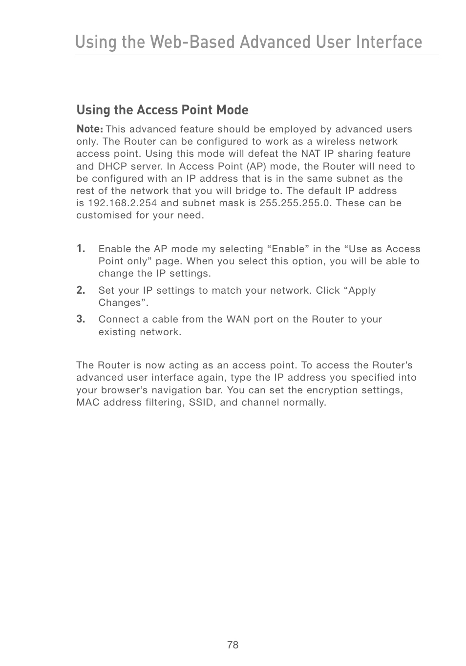 Using the access point mode, Using the web-based advanced user interface | Belkin F5D7230AU4P User Manual | Page 80 / 136