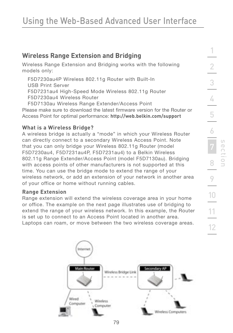 Wireless range extension and bridging, Using the web-based advanced user interface | Belkin F5D7230AU4P User Manual | Page 81 / 136