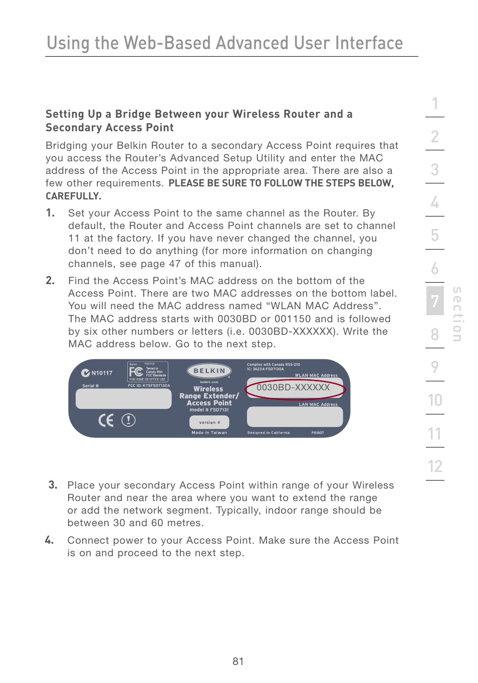Using the web-based advanced user interface, Se ct io n | Belkin F5D7230AU4P User Manual | Page 83 / 136