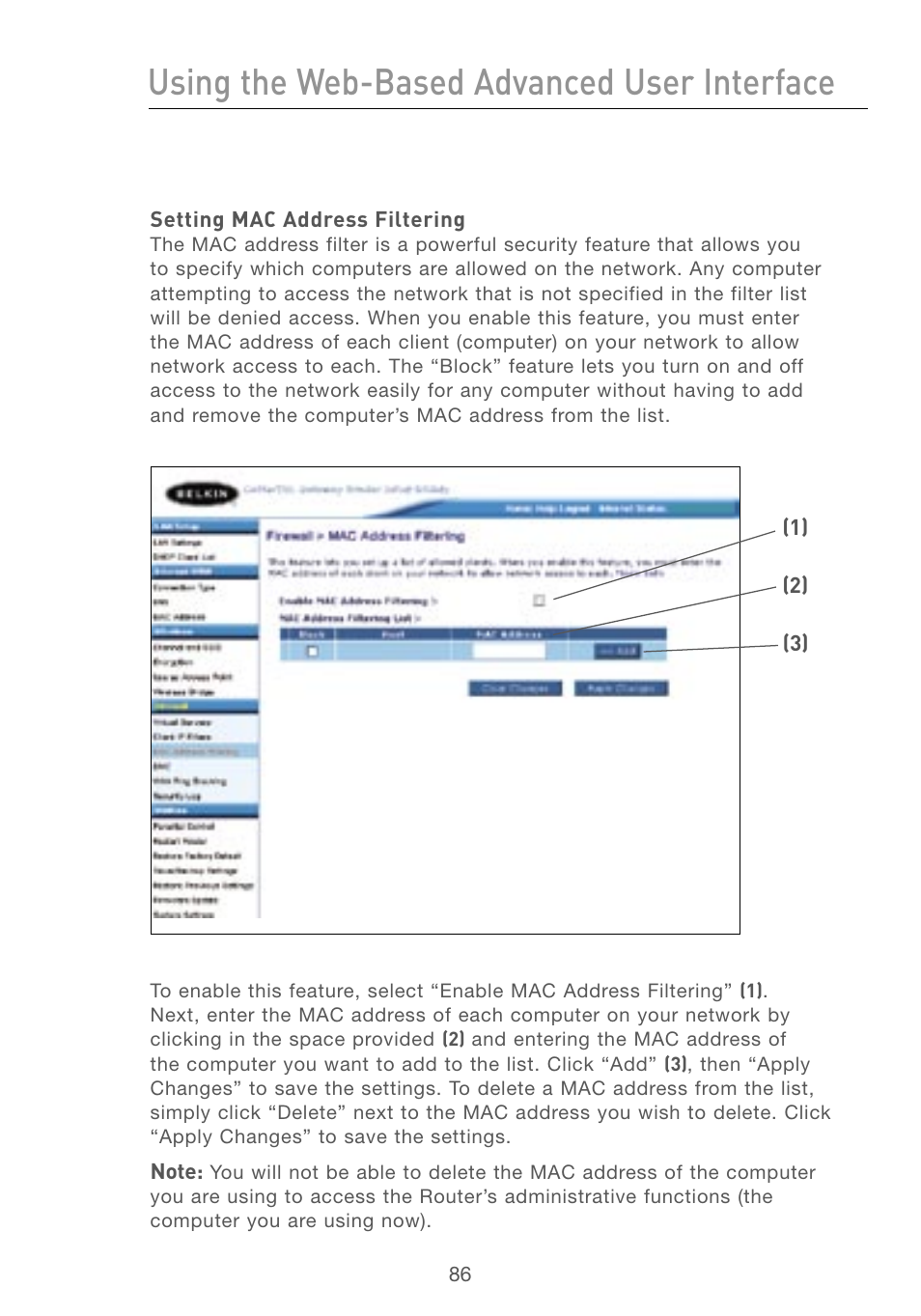 Setting mac address filtering, Using the web-based advanced user interface | Belkin F5D7230AU4P User Manual | Page 88 / 136