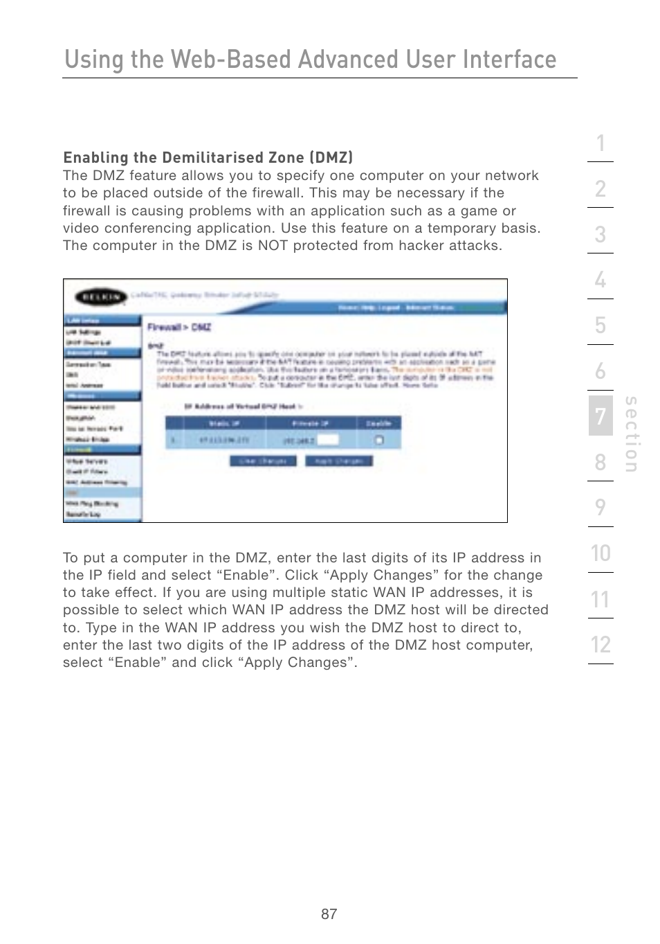 Enabling the demilitarised zone (dmz), Using the web-based advanced user interface | Belkin F5D7230AU4P User Manual | Page 89 / 136