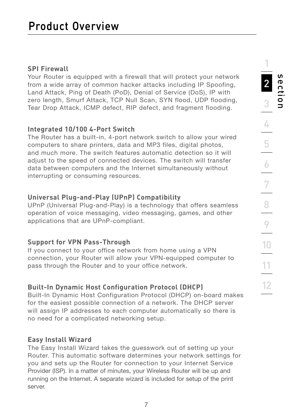 Product overview, Se ct io n | Belkin F5D7230AU4P User Manual | Page 9 / 136