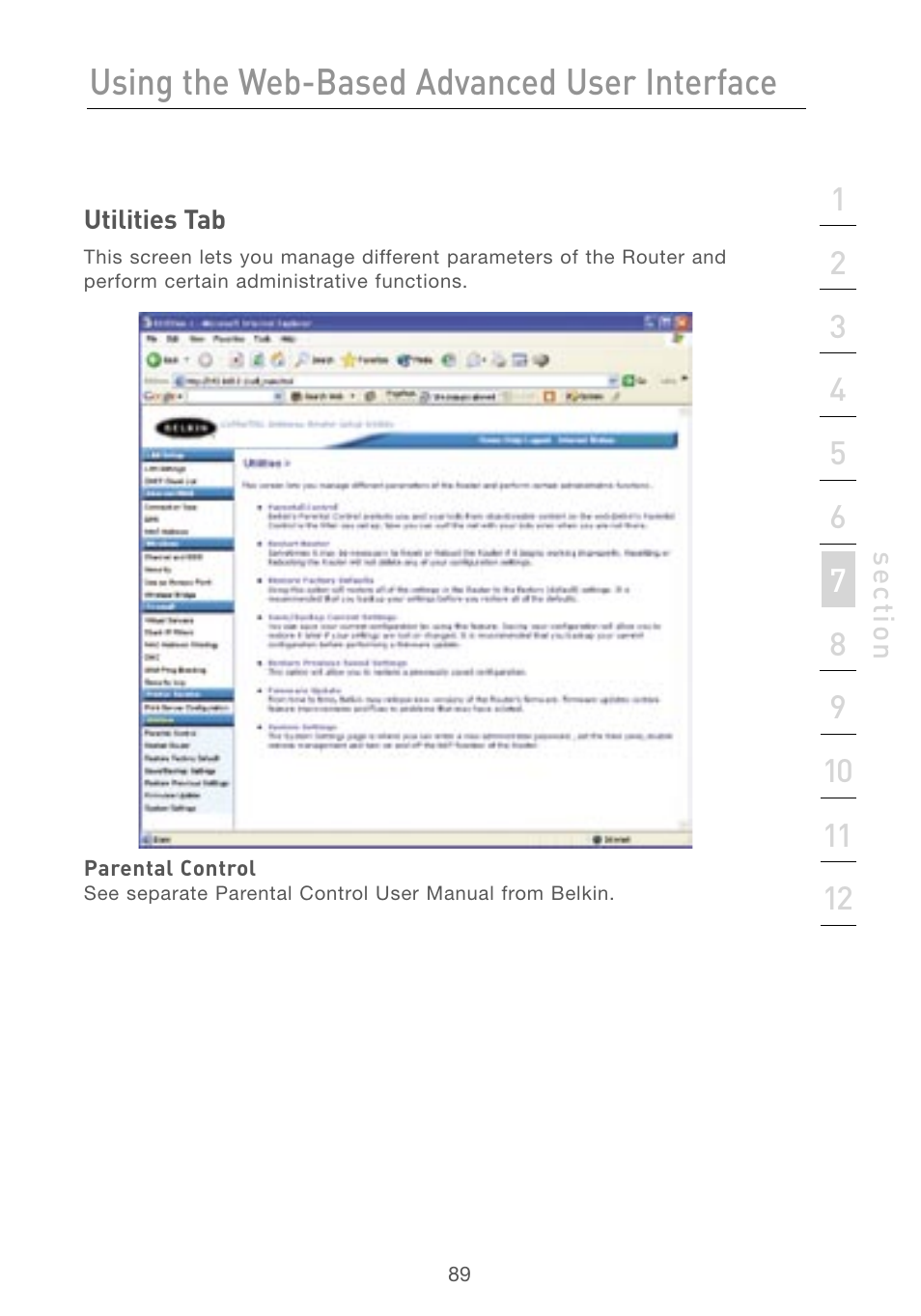 Utilities tab, Using the web-based advanced user interface | Belkin F5D7230AU4P User Manual | Page 91 / 136