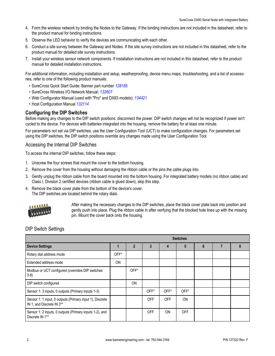 Configuring the dip switches, Accessing the internal dip switches, Dip switch settings | Banner SureCross DX80 Wireless Networks User Manual | Page 2 / 7
