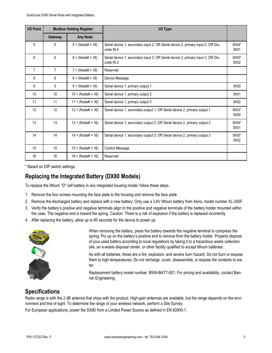 Replacing the integrated battery (dx80 models), Specifications | Banner SureCross DX80 Wireless Networks User Manual | Page 5 / 7