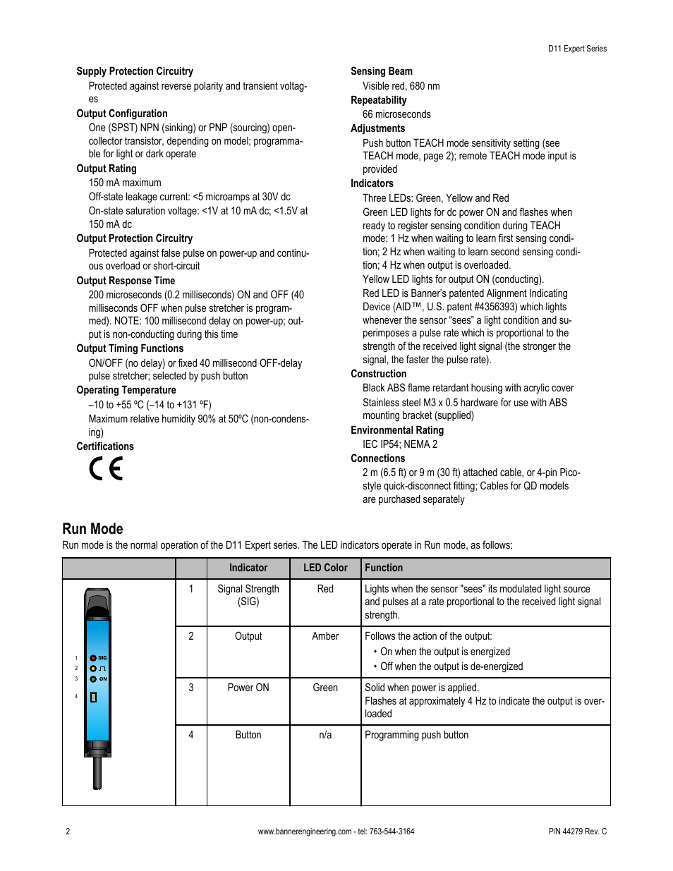 Run mode | Banner D11 Series User Manual | Page 2 / 8