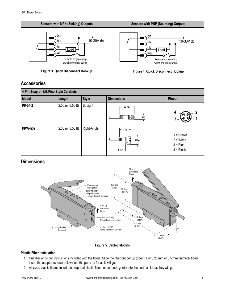 Accessories, Dimensions, Bn bu − + bk wh | 30v dc | Banner D11 Series User Manual | Page 5 / 8