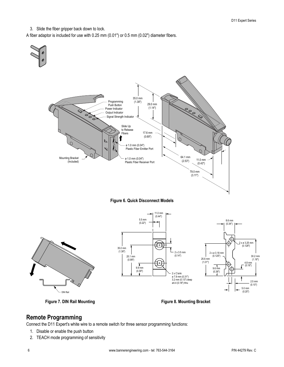 Remote programming, Figure 6. quick disconnect models, Figure 7. din rail mounting | Figure 8. mounting bracket | Banner D11 Series User Manual | Page 6 / 8