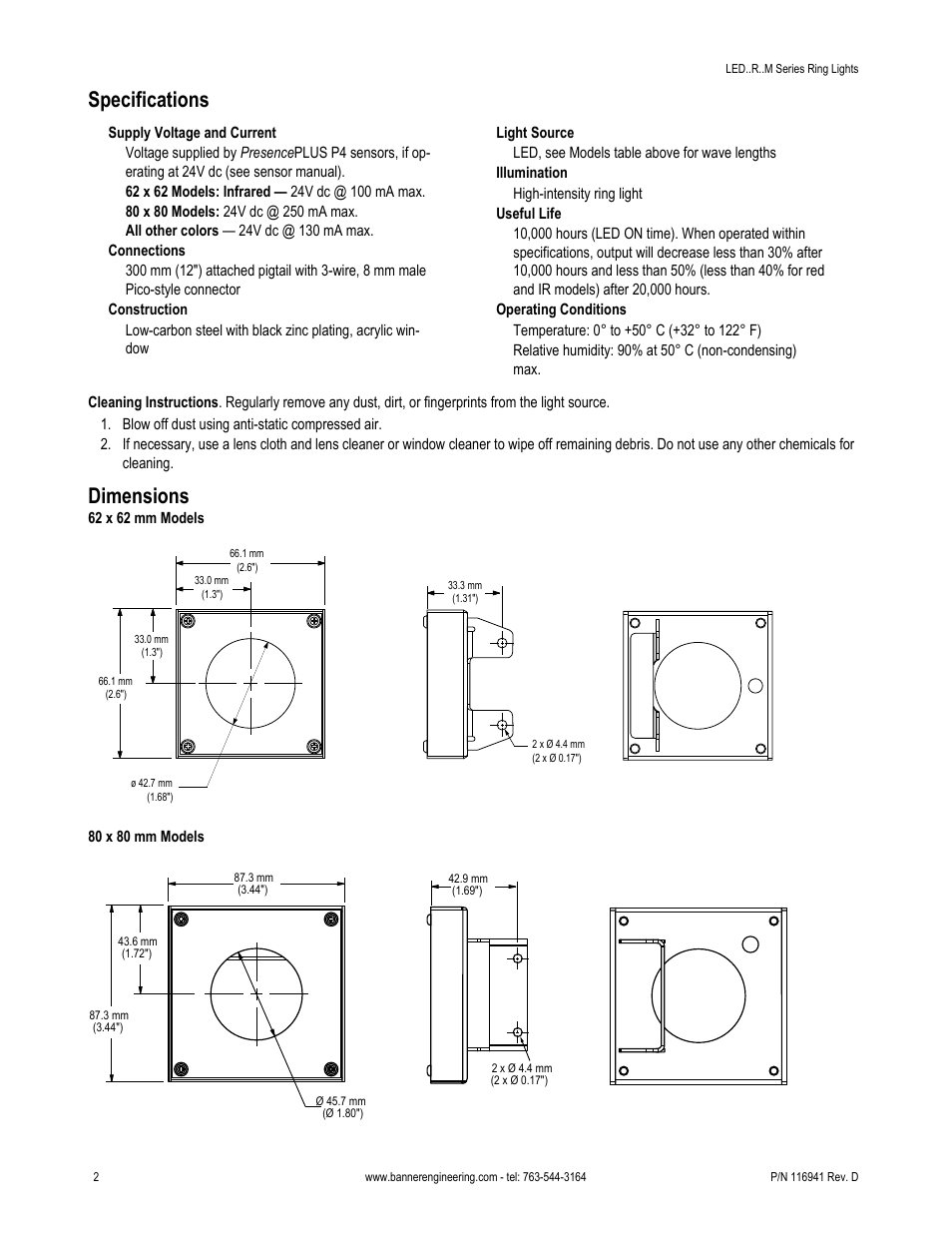 Specifications, Dimensions | Banner PresencePLUS Lighting User Manual | Page 2 / 3