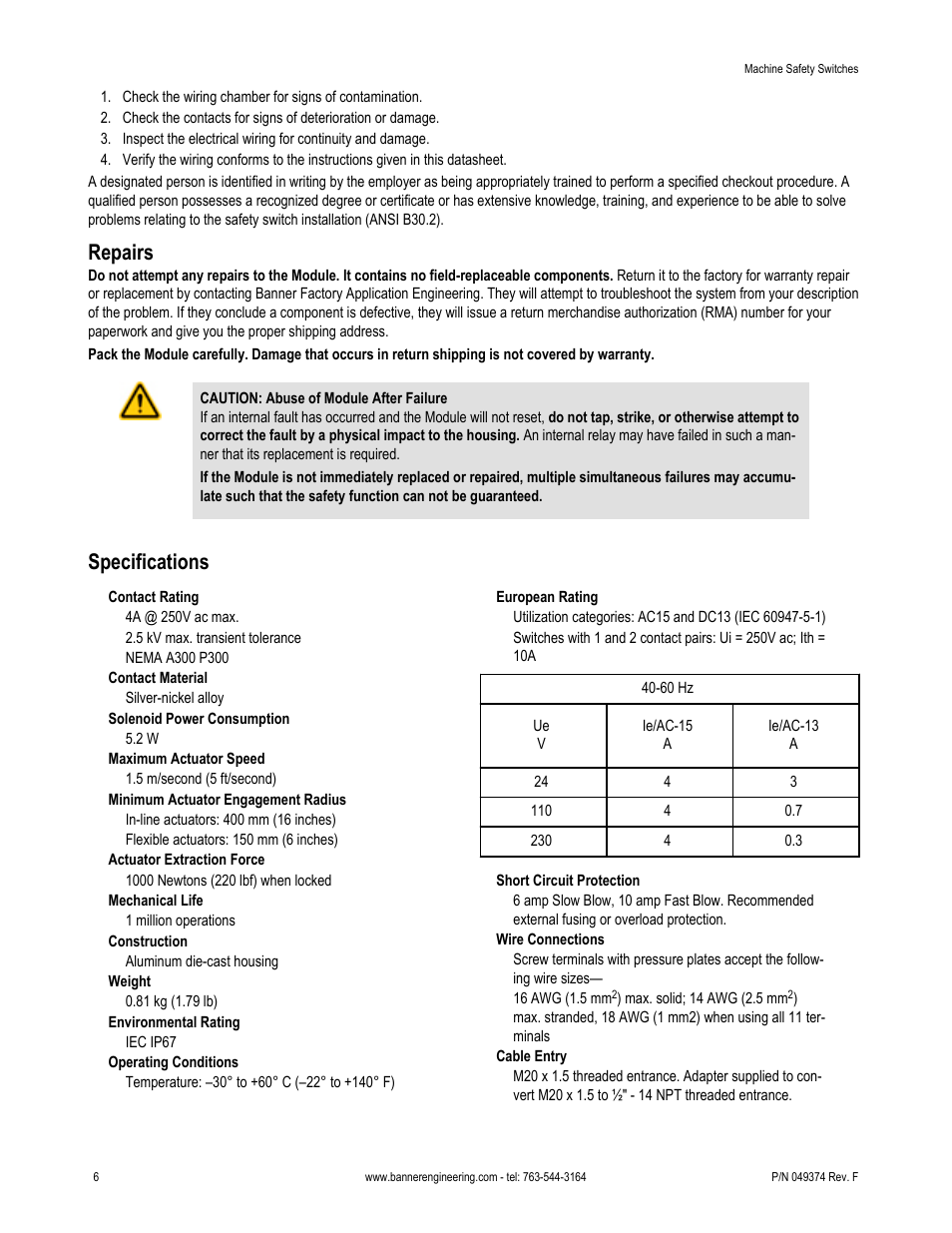 Repairs, Specifications | Banner SI-QM100 Locking Style Switches User Manual | Page 6 / 8