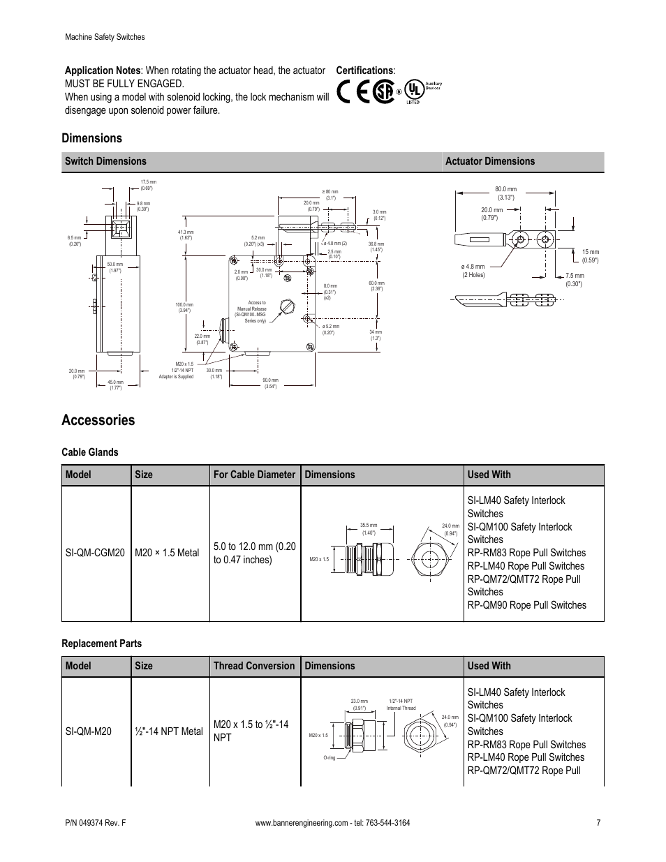Accessories, Dimensions, Switch dimensions actuator dimensions | Banner SI-QM100 Locking Style Switches User Manual | Page 7 / 8