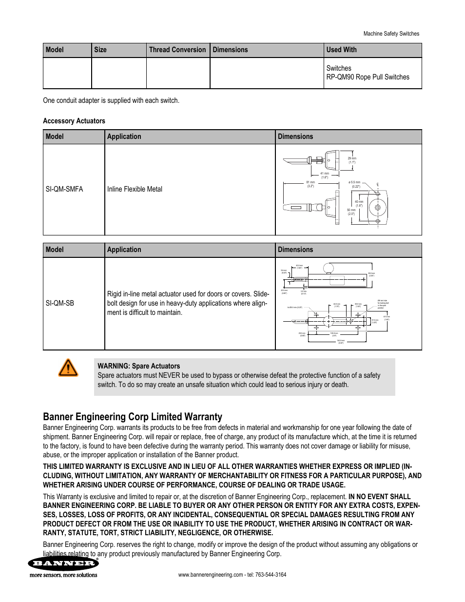 Banner engineering corp limited warranty | Banner SI-QM100 Locking Style Switches User Manual | Page 8 / 8